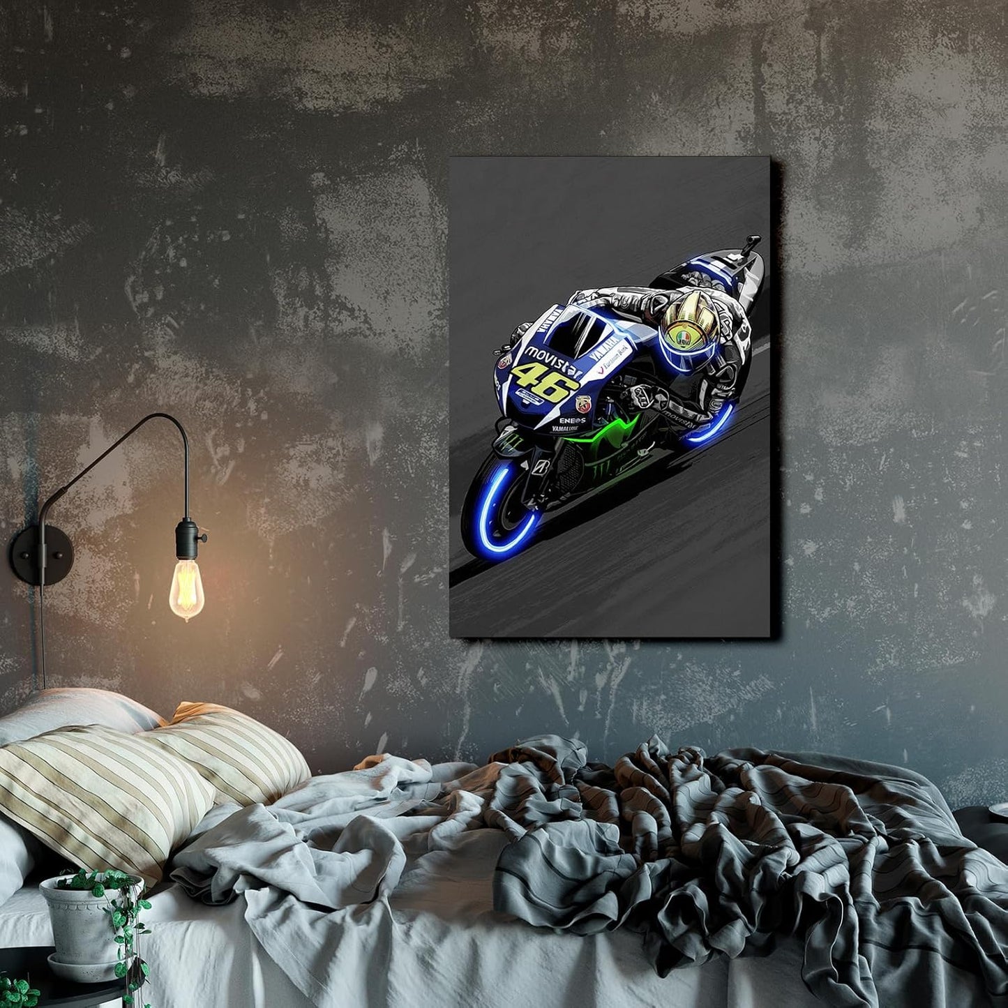 Sorventina Neon-Style Blue #46 YZR-M1 GP Bikes Canvas Wall Art - 16x24 Wrapped Frame, Non-LED, Ideal Home Decor for Bedroom Living Room Office Garage or Man Cave