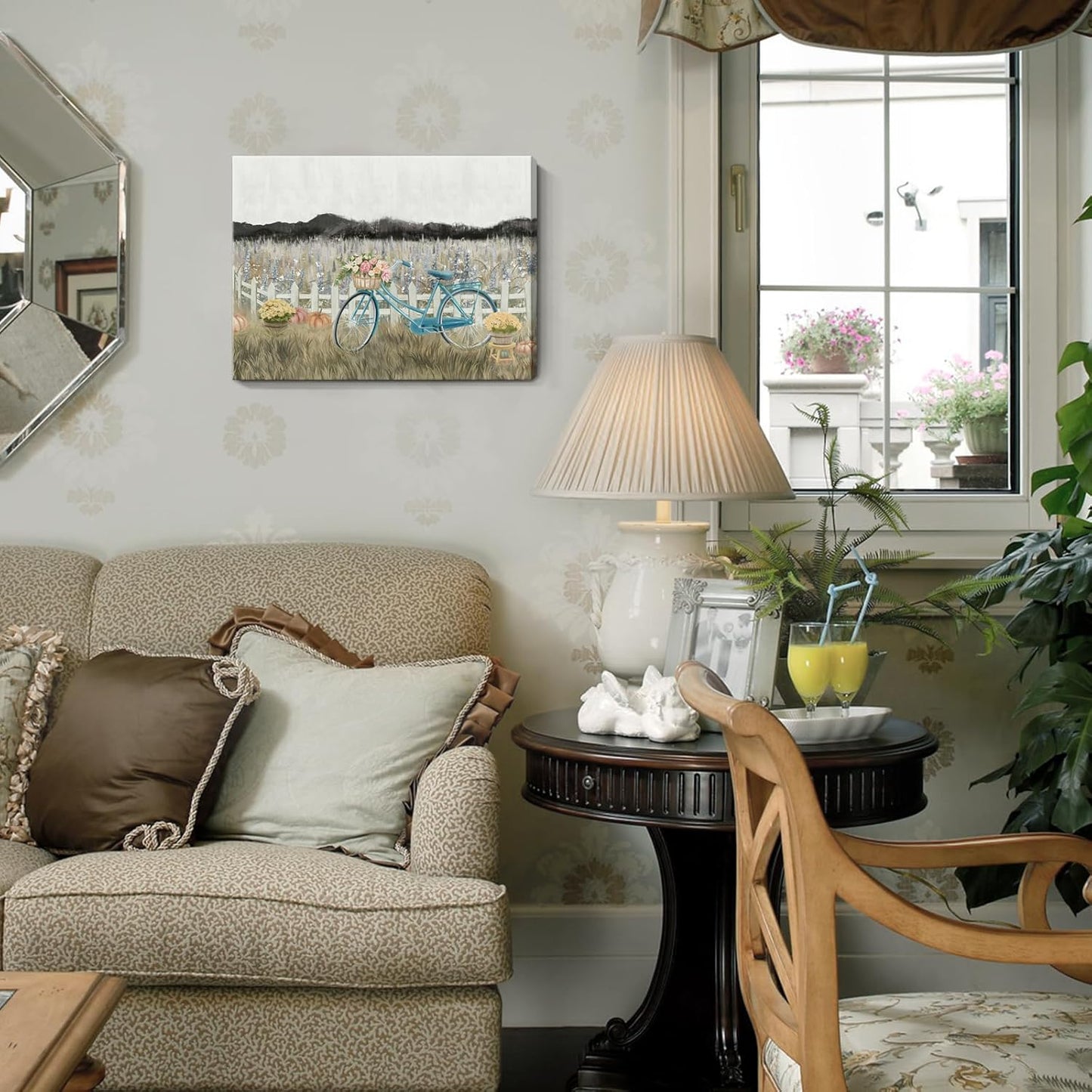 Farmhouse Decor Bathroom Fall Wall Art Vintage Boho Landscape Nature Canvas Picture Mountains, Bicycle Lavender Flowers Floral Neutral Small Artwork for Modern Organnic Country Rustic Cottagecore Bedroom