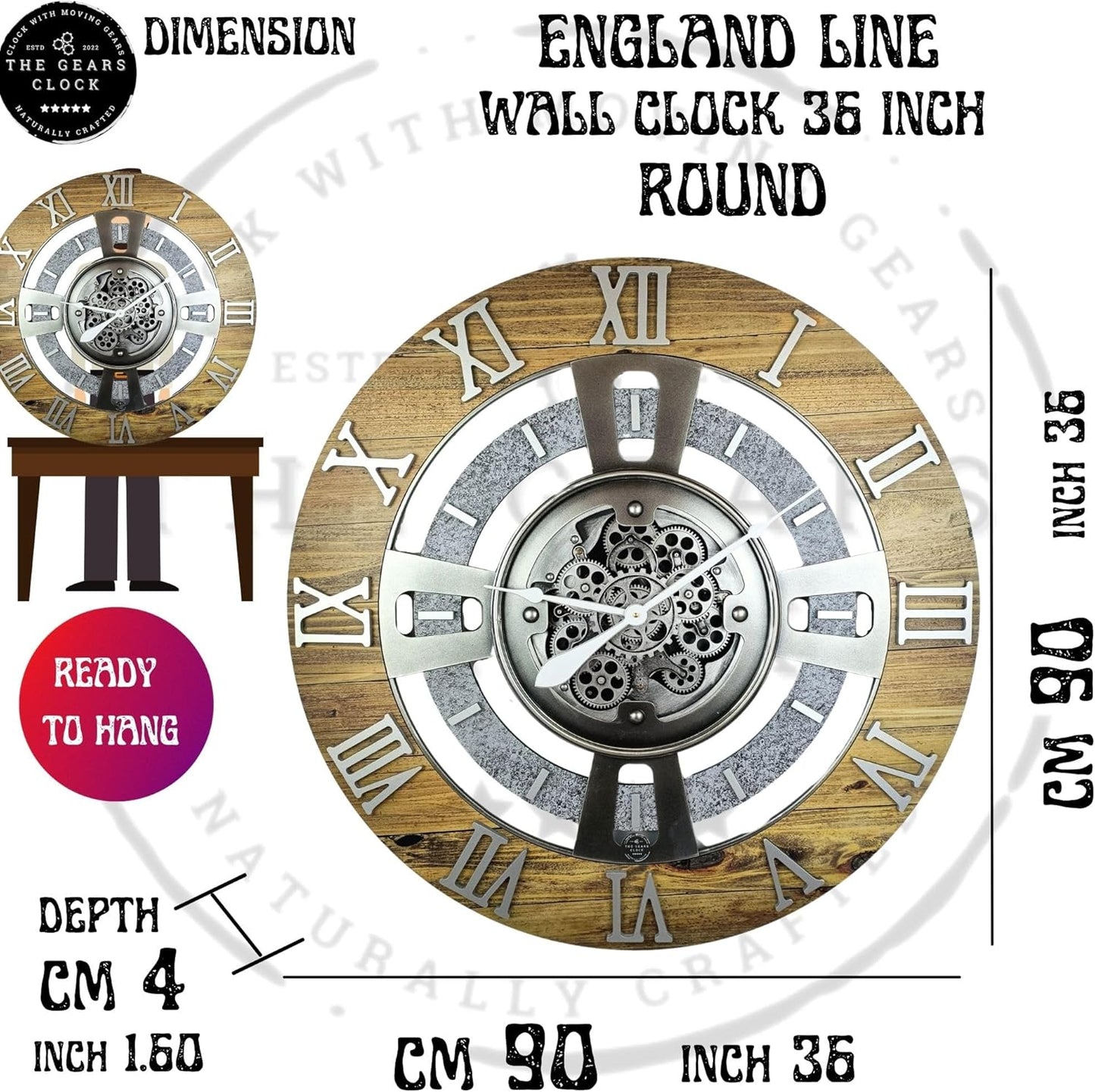 The Gears Clock Real Moving Gear Wall Clock England Line (Vintage Black, 36 inches (90 cm))