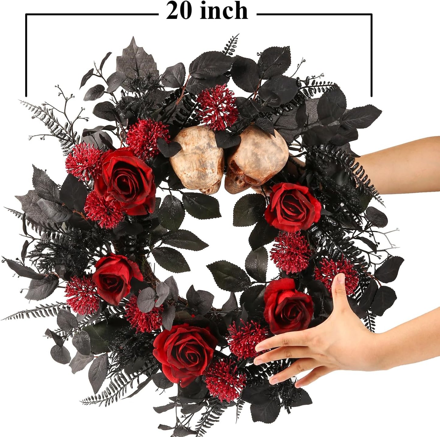 20" Halloween Wreaths for Front Door, Black Eucalyptus Leaves with Glitters, Red Roses, Skull, Gothic Wreath Horror Room Decor