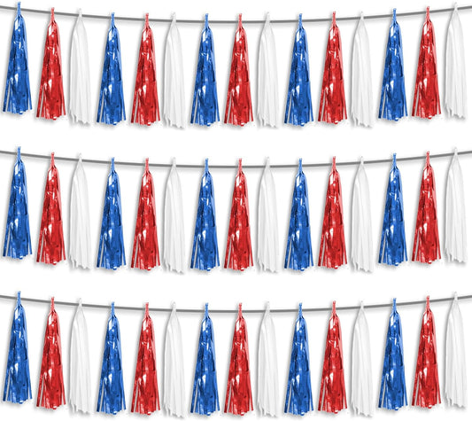 3P Red Blue White Foil Fringe Metallic Tassel Streamers Banner Tassel Garland for Parade Floats, Bachelorette, Wedding, Birthday, Halloween, Christmas, Bridal/Baby Shower Party Decorations