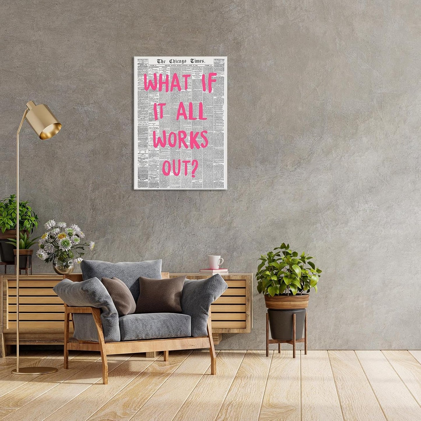 Liyark Retro Trendy Newspaper Canvas Wall Art What If All Works Out Poster Black And White Wall Art Positive Affirmation Quote Wall Art Pink Font Wall Decor Minimalist Home Decor 16x24in Framed