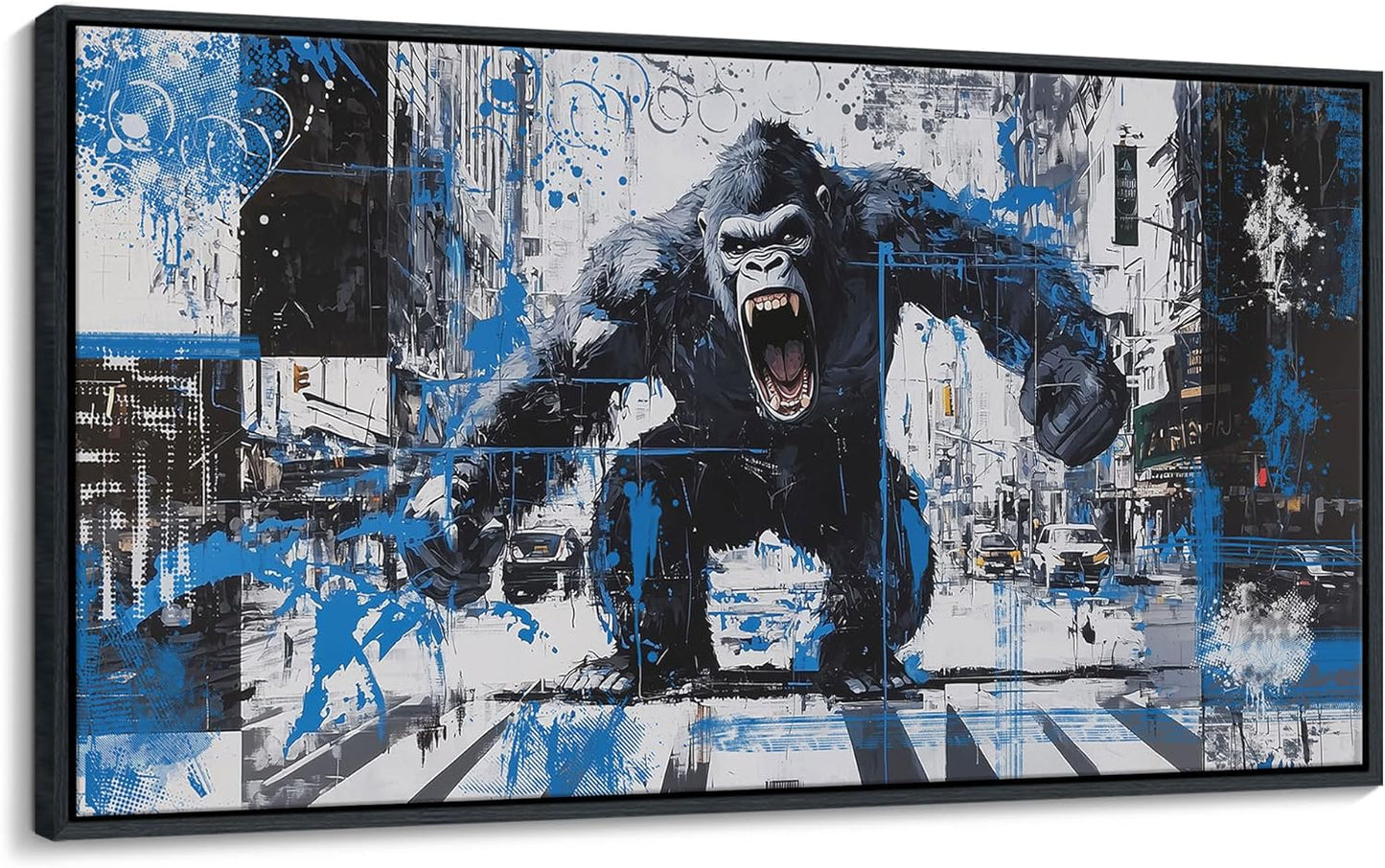 JEAWA Large Framed Wall Art, Gorilla City Street Abstract Graffiti Animal Canvas Paintings Black and White Modern Picture for Living Room Bedroom Men Study Home Office Picture Wall Decor 29x58 IN