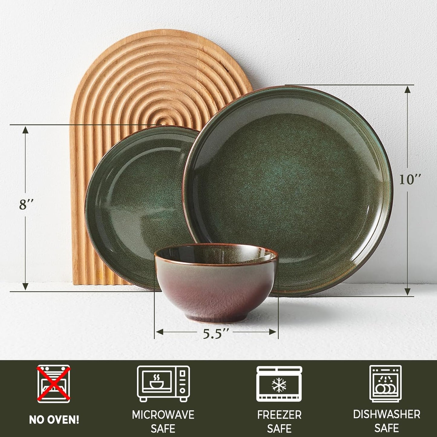 Stoneware Dinnerware Sets Service for 4, 12 pcs Reactive Glaze Plates and Bowls Sets, Handmade Ceramic Dish Set, Highly Chip and Crack Resistant Modern Plate Set, Brown Green