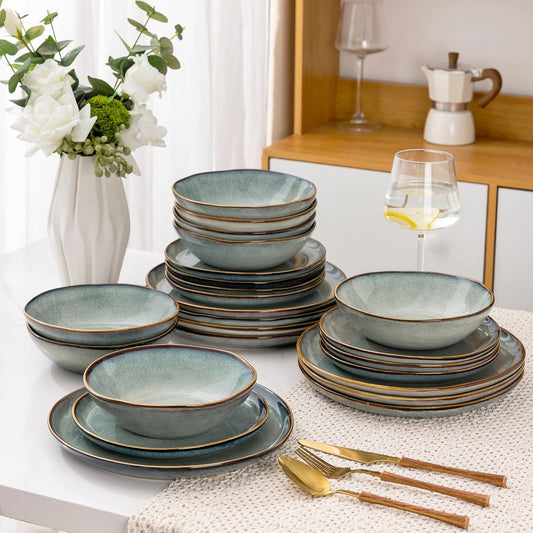 AmorArc Ceramic Dinnerware Sets,Handmade Reactive Glaze Stoneware Plates and Bowls Sets,Highly Scratch Resistant | Dishwasher & Microwave Safe Dishes Set,Service for 6 (18pc)