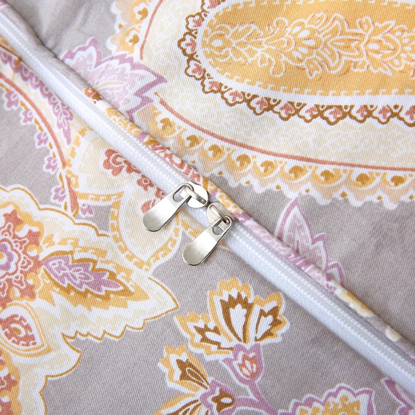 ABREEZE Paisley Bedding Sets 3Pcs Brushed Cotton Duvet Cover Set King Size Rustic Damask Gold Floral Comforter Cover with Zipper Closure Boho Bedding Collections