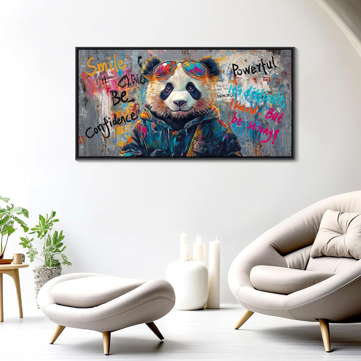 JEAWA Large Framed Canvas Wall Art, Black and White Panda Graffiti Street Art Pop Abstract Modern Paintings for Living Room Bedroom Study Office Inspirational Picture Home Decor 24x48 IN