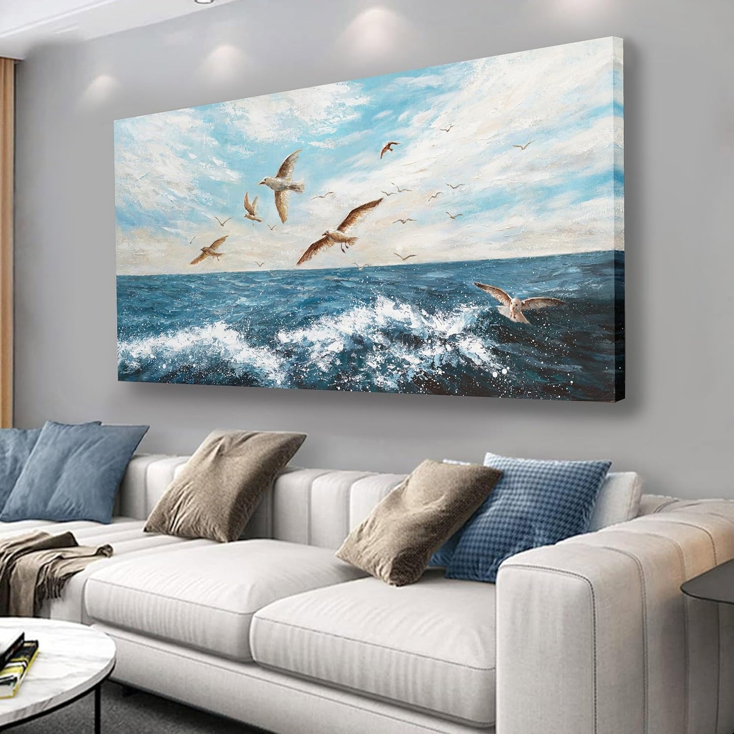 Belmrxne Ocean Wall Decor Blue and Tan Canvas Painting Cool Artwork for Living Room Bedroom Dining Room Office Home Decor 24x48 inch