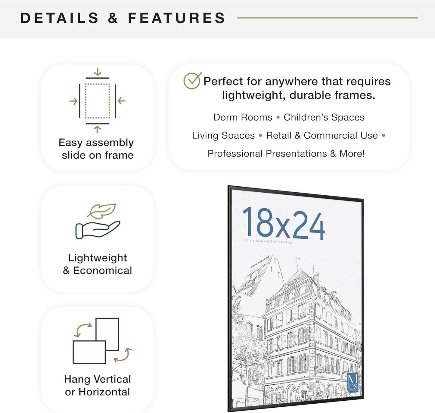 MCS Original Poster Frame 18x24 Black Lightweight Vertical & Horizontal Wall Hanging Large Picture Frame for Posters, Art Prints & Gallery Wall (2-Pack)