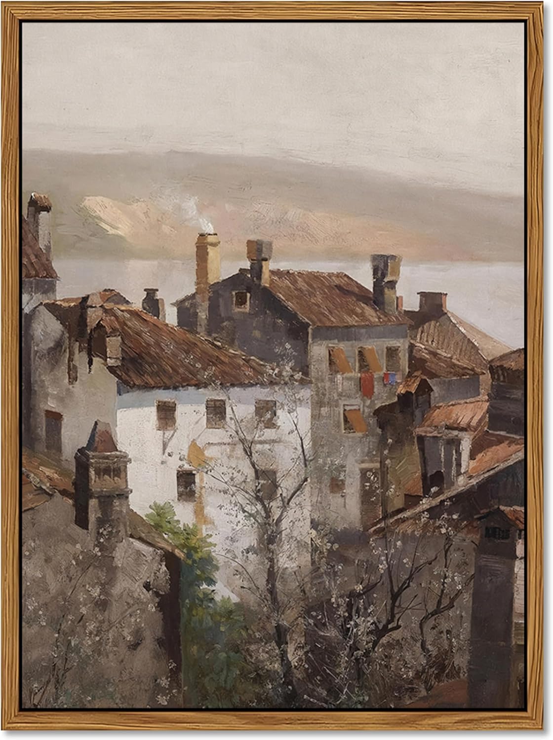 Floating Framed Vintage Canvas Wall Art, European Country Towns Wall Decor Oil Paintings Artwork, Rustic Farmhouse Posters Prints Pictures for Living Room Hallway Bedroom 12x16 inch