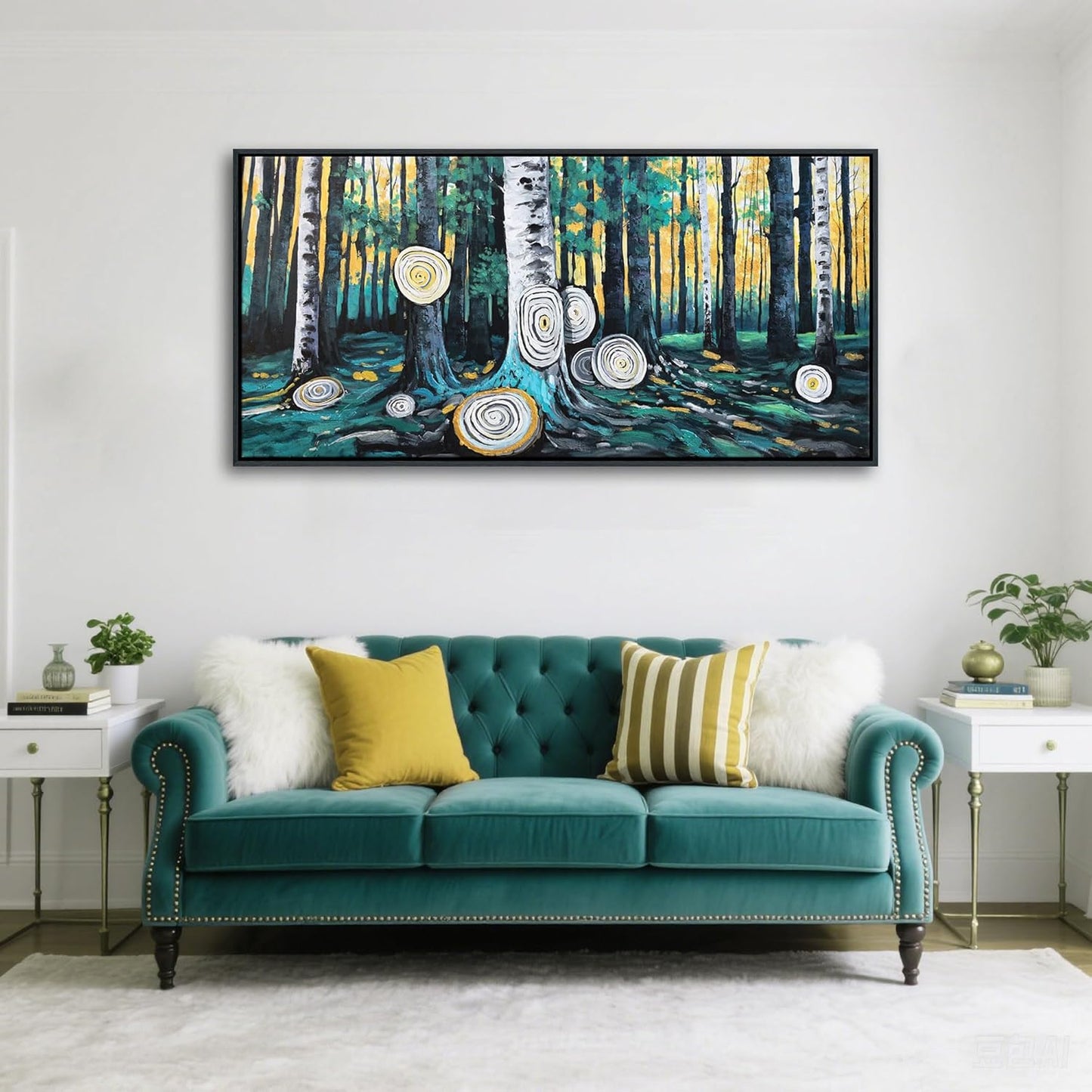 QZQCBLC Large Canvas Wall Art - Gray Green Yellow Forest Paintings Artwork Abstract Tree Ring Landscape Pictures for Living room Bedroom kitchen Home Office Decor 24"X48"