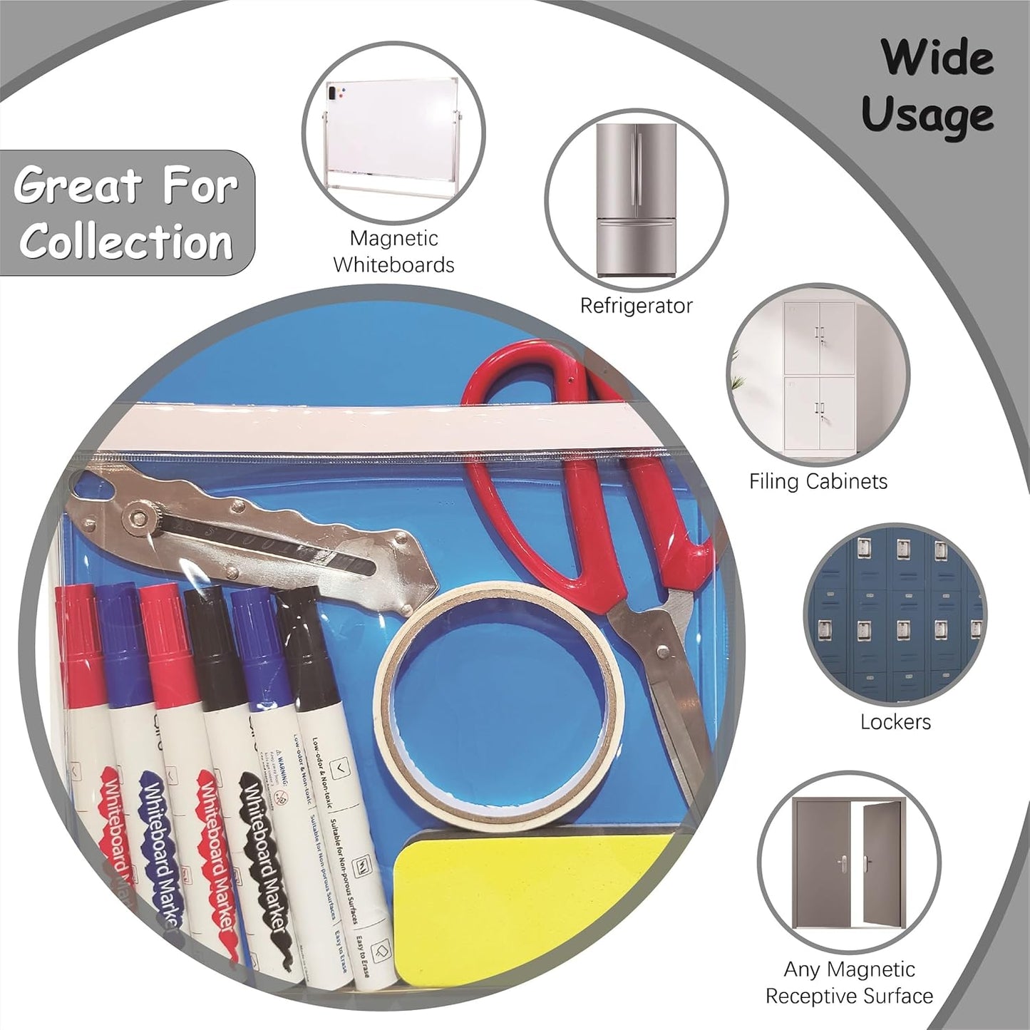 Magnetic Pocket 4 Pack – Self-Adhesive Magnetic Storage Pouch for Documents, Notes & Tools, Strong Magnet Backing for Fridge, Whiteboards, and Metal Surfaces (Gray 4Pcs)