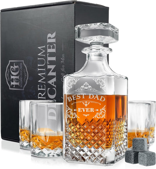 Luxury Gift For Men - Best Dad Ever - Unique Engraved Whiskey Decanter Set For Beloved Dad Christmas or Birthday Gift – 4 Whiskey Glasses And Decanter Set Is a Great Gift Idea for Whisky, Bourbon