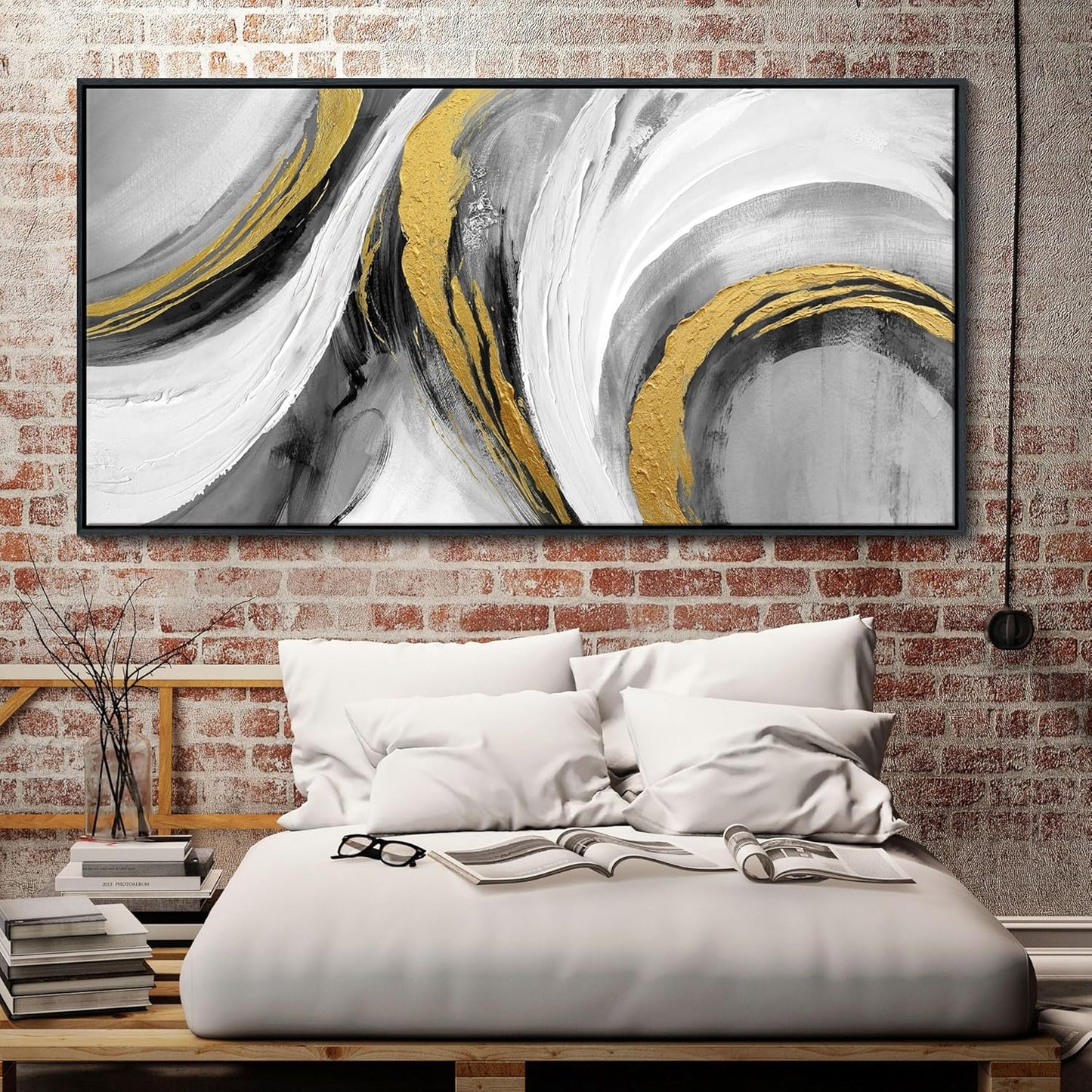 White Gold Wall Art - Abstract Framed Large Size Black White Gold Hand Drawn Textures Artwork Ink Dances With Gold Canvas Painting for Living Room Office Hallway Bed Above Decor 29"X58"
