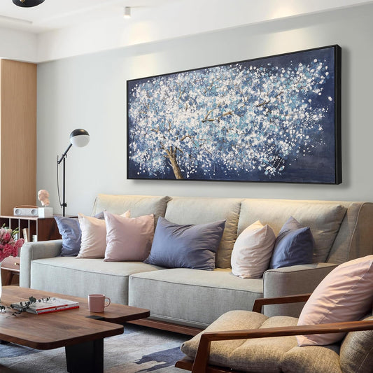 Modern Wall Art Nature Art Canvas Artwork Wall Decor Painting Dark Blue And White Abstract Tree Plants With Framed For Bedroom Living Room Dining Room Home Office Modern Abstract Artwork 24"×48"