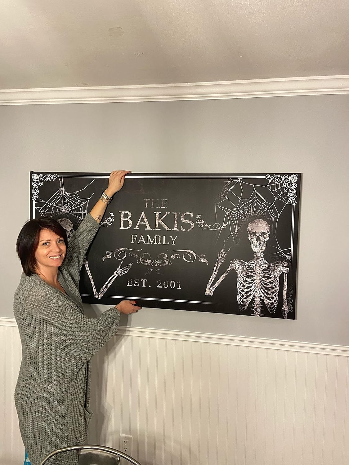 Tailored Canvases Gothic Family Wall Decor - Personalized Grunge Vintage Skeleton Room Decor for Home, Halloween Lovers, Men & Women for Bedroom, Living Room - Custom Couple Name, White Print, 20"x10"