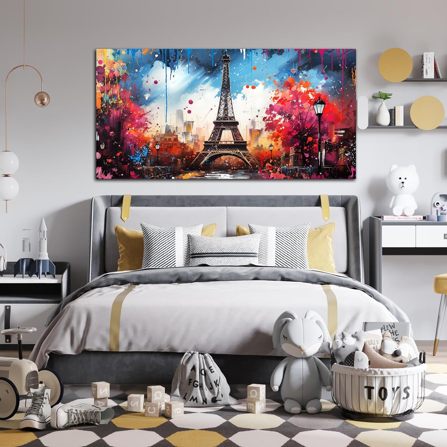 Large Canvas Wall Art Paris Eiffel Tower Decor Modern Blue and Red Graffiti Canvas Prints Ready to Hang for Living Room Bedroom Framed Home Decor Size 24x48