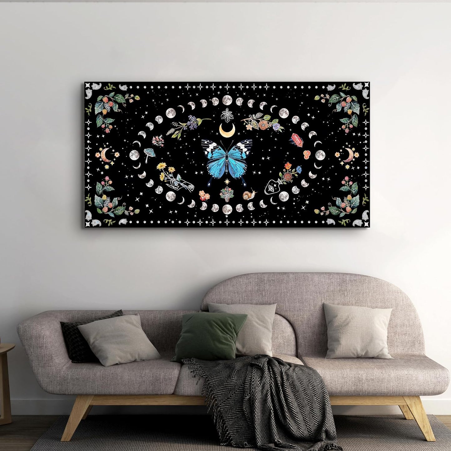 Canvas Wall Art Prints Blue Boho Wall art Decor Canvas Art Wall Decor Wall Pictures for Living Room Vintage Butterfly Wall Art Moon Flower Abstract Artwork for Walls Home Bedroom Decor 20" X 40"