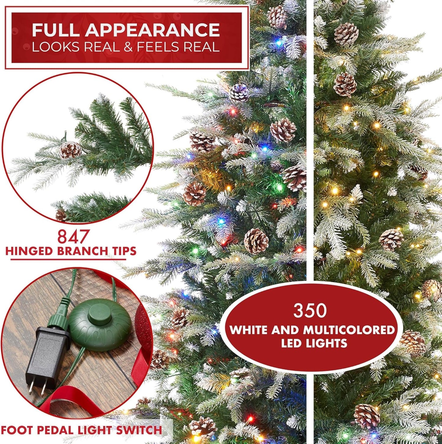 Casafield 6.5FT Pre-Lit Frosted Slim Aspen Fir Artificial Holiday Christmas Tree with White & Multicolored LED Lights, Partially Flocked Realistic Noble Fir with Metal Stand