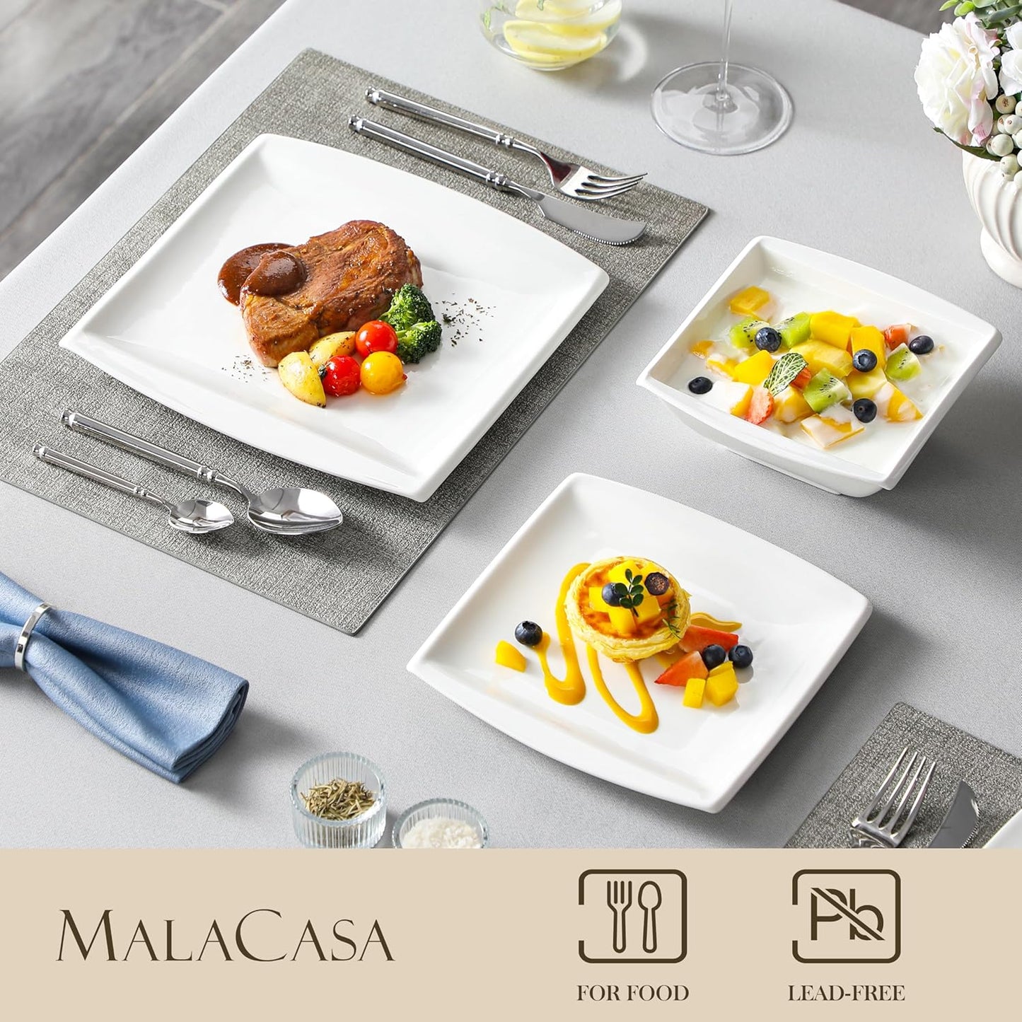 MALACASA Plates and Bowls Sets, Square Dinnerware Sets for 6 (30pcs), Series Blance