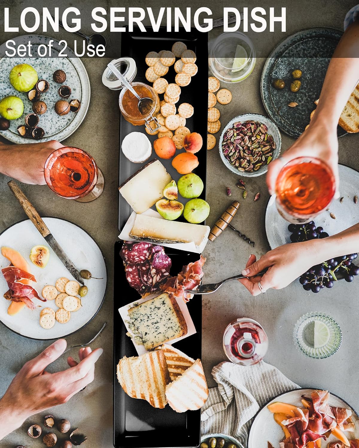 Long Melemine Serving Tray, 17.3x8x1.5 in Serving Platters and Trays for Appetizer, Charcuterie, Bread, Fruit, Dessert, Set of 2, Black