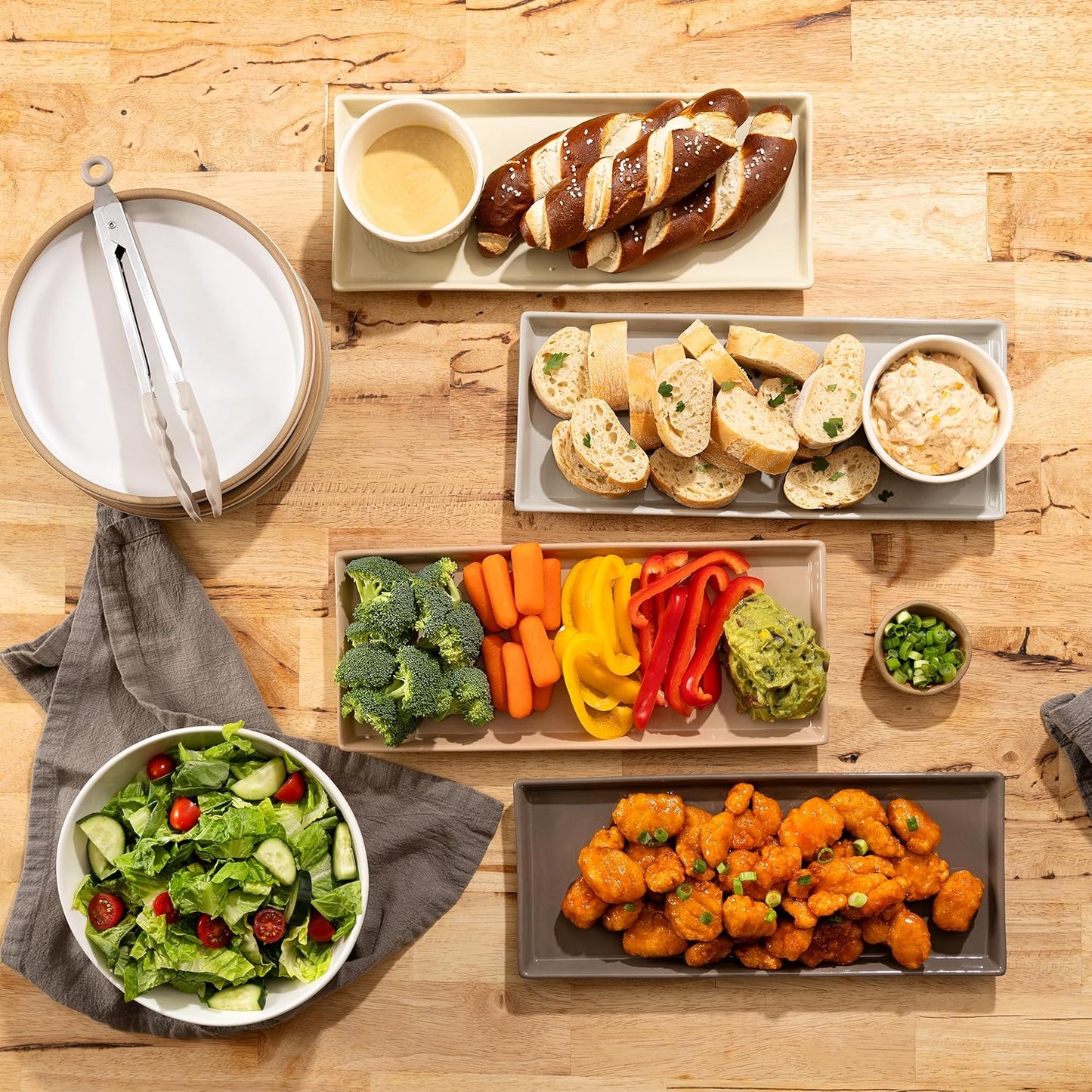 Home Beets Neutral Colored Ceramic Serving Platters (14 x 6 Inch Rectangle Plates) Serving Dishes for Entertaining, Food, Appetizers, Desserts, Cheese Board, Charcuterie, Sushi - Set of 4 Party Trays