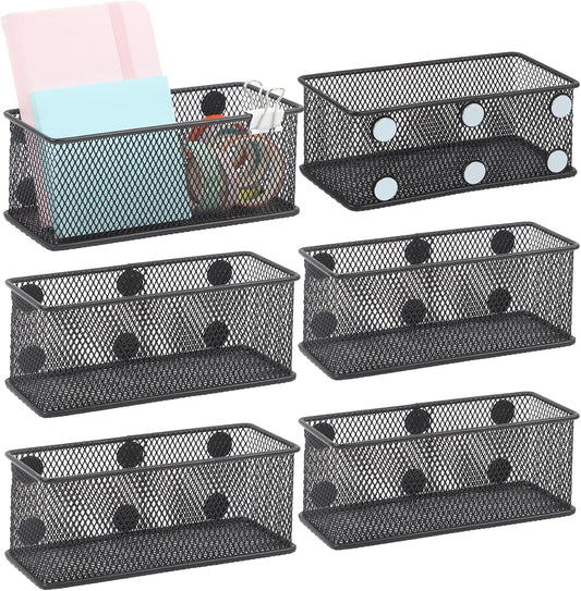 EASEPRES Magnetic Pencil Holder Set of 6 - Black Wire Mesh Storage Baskets Organizer with Strong Magnets - Perfect for Whiteboard, Refrigerator and Locker Accessories