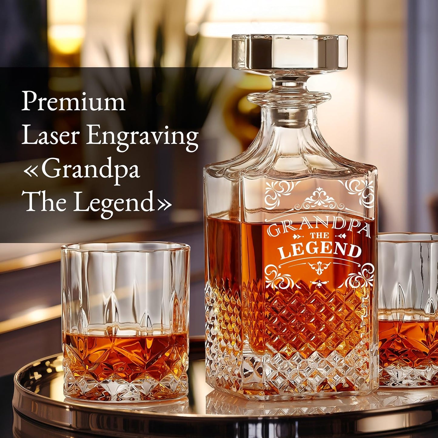 Luxury Gift For Men - Grandpa The Legend - Unique Engraved Whiskey Decanter Set For Beloved Grand Father or Dad Christmas, Birthday Gift – 4 Whiskey Glasses And Decanter Set for Whisky, Bourbon Ets.