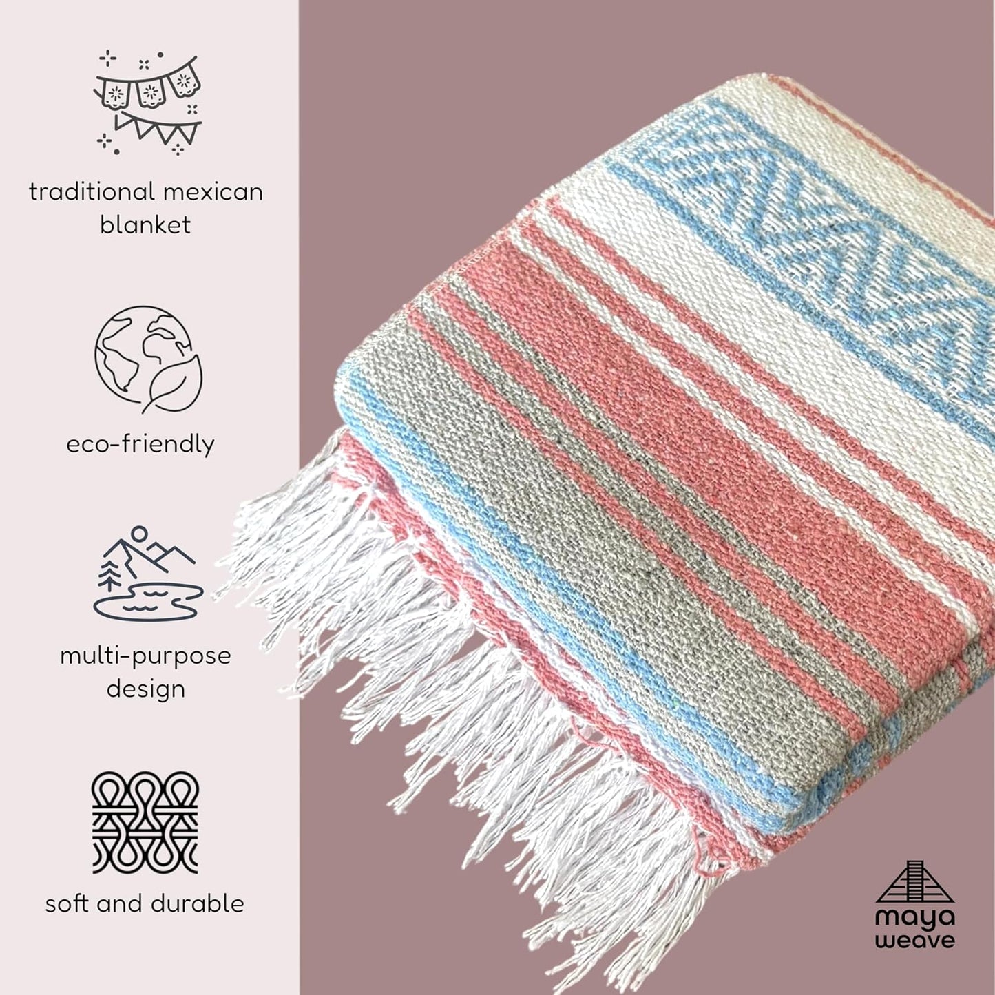 Traditional Handwoven Mexican Blanket, Large Falsa Serape - Soft & Durable - Vibrant Beach, Picnic, Yoga & Camping Mat - Lightweight Boho Throw 70"x50" (Bubblegum)