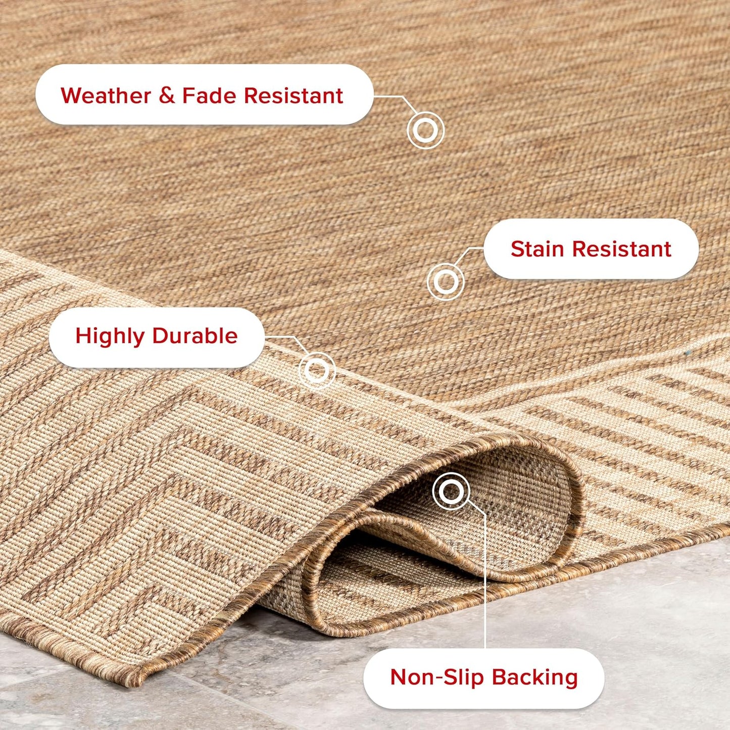 nuLOOM 4' x 6' Outdoor Area Rug, Casual Design With Striped Border, Stain Resistant, Highly Durable, For Patio, Balcony, Bedroom, Living Room, Dining Room, Bathroom, Light Brown