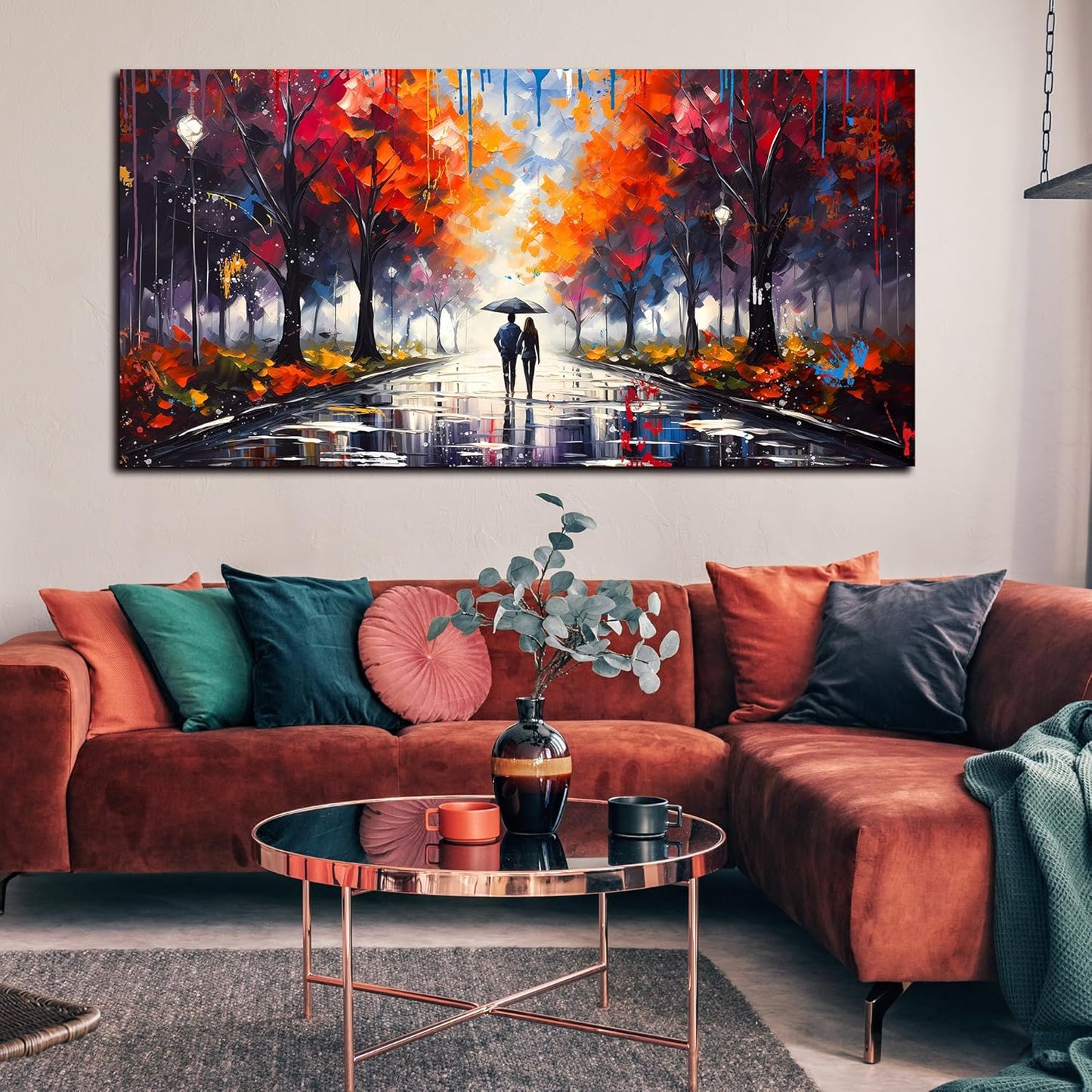 Large Canvas Wall Art for Living Room Bedroom Couple Walking in the Rain Picture Graffiti Red Tree Canvas Prints Framed Home Decor Size 30x60