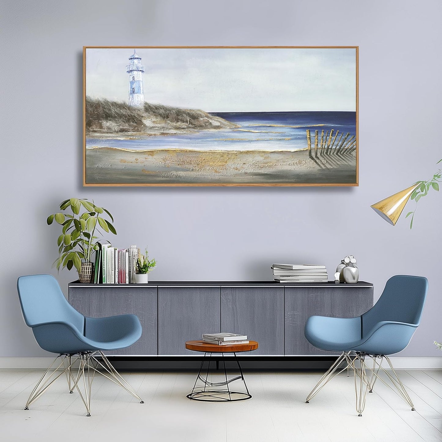 Yuaxker Ocean Wall Art Blue and Grey Wall Decor Framed Canvas Painting Coastal Aesthetic Artwork for Living Room Bedroom Dining Room Office Home Decor 24x48 Inch