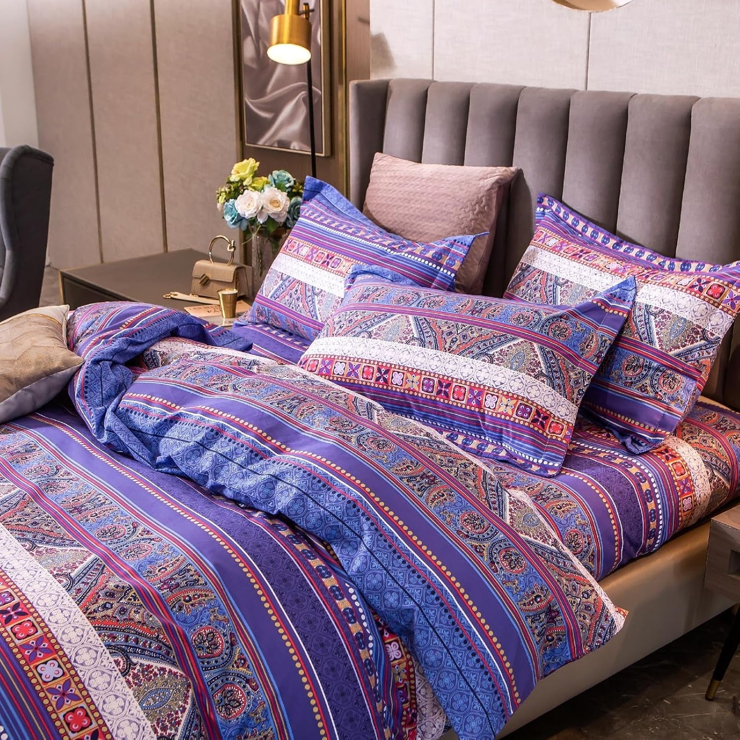 ABREEZE Bohemian Vintage Twin Size Floral Cotton Bedding Set 3Pcs Duvet Cover Set Boho Purple Paisley 100% Egyptian Brushed Cotton Reversible Home Bedding Collection