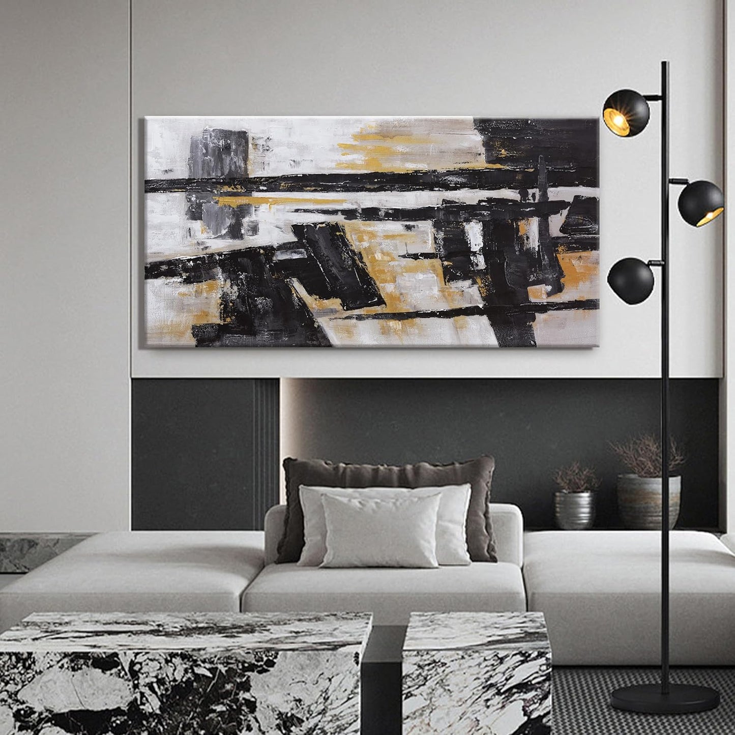 Black Abstract Wall Art Decor Grunge Room Decor Art Black Canvas Wall Decoration 24" x 48" Painting Black And Gold Artwork for Bedroom Home Office Dining Room Decoration