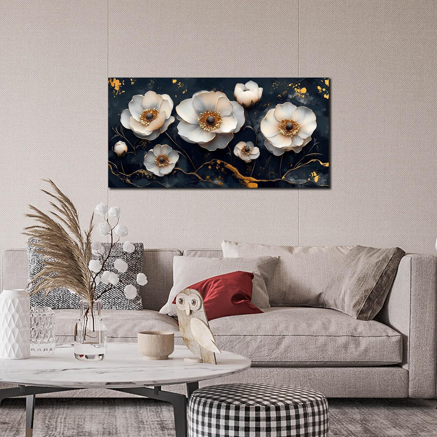 White Flower Wall Canvas Art for Bedroom - Black and White Wall Art for Living Room - Home Office Decor Wall Size 20" x 40"