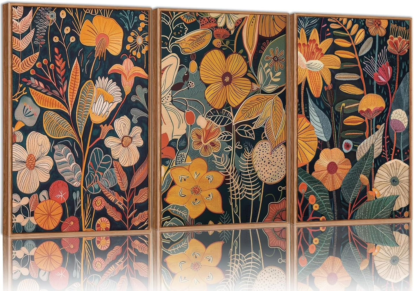 SIGNINART Boho Botanical Framed Canvas Wall Art Set of 3, Mid Century Modern Wall Decor, Burnt Orange Floral Artwork, Neutral Flower Plant Art Prints for Bedroom Living Room Office 24"x36"x3