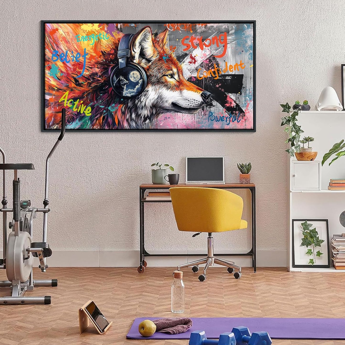 JEAWA Graffiti Canvas Wall Art - Modern Street Pop Art Wolf Funny Graffiti Framed Painting for Living Room Bedroom Bathroom Office Home Pictures Inspiring Decor Gifts for Boys 20x40 IN