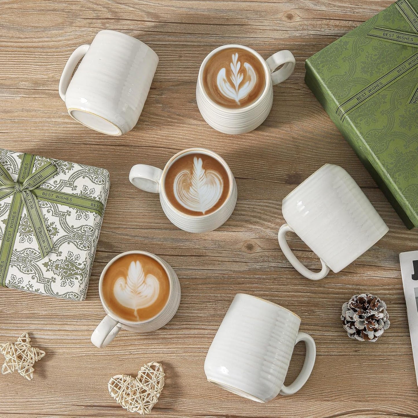 Hasense Coffee Mugs Set of 6, Ceramic Coffee Cups with Handle for Home Office, 12 Ounce Tea Cup for Coffee, Latte, Hot Cocoa, Dishwasher and Microwave Safe, Clay-Infused White