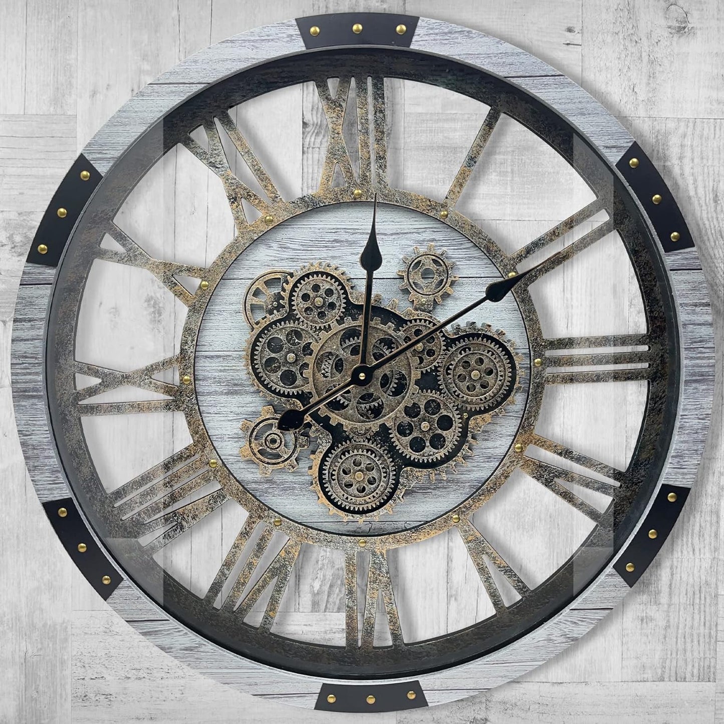 DORBOKER 36" Original Moving Gears Wall Clock, Large Industrial Wall Clock for Living Room Decor, Retro Metal Solid Wood Vintage Farmhouse Steampunk Rustic Clocks for Wall Decor,Silver Grey