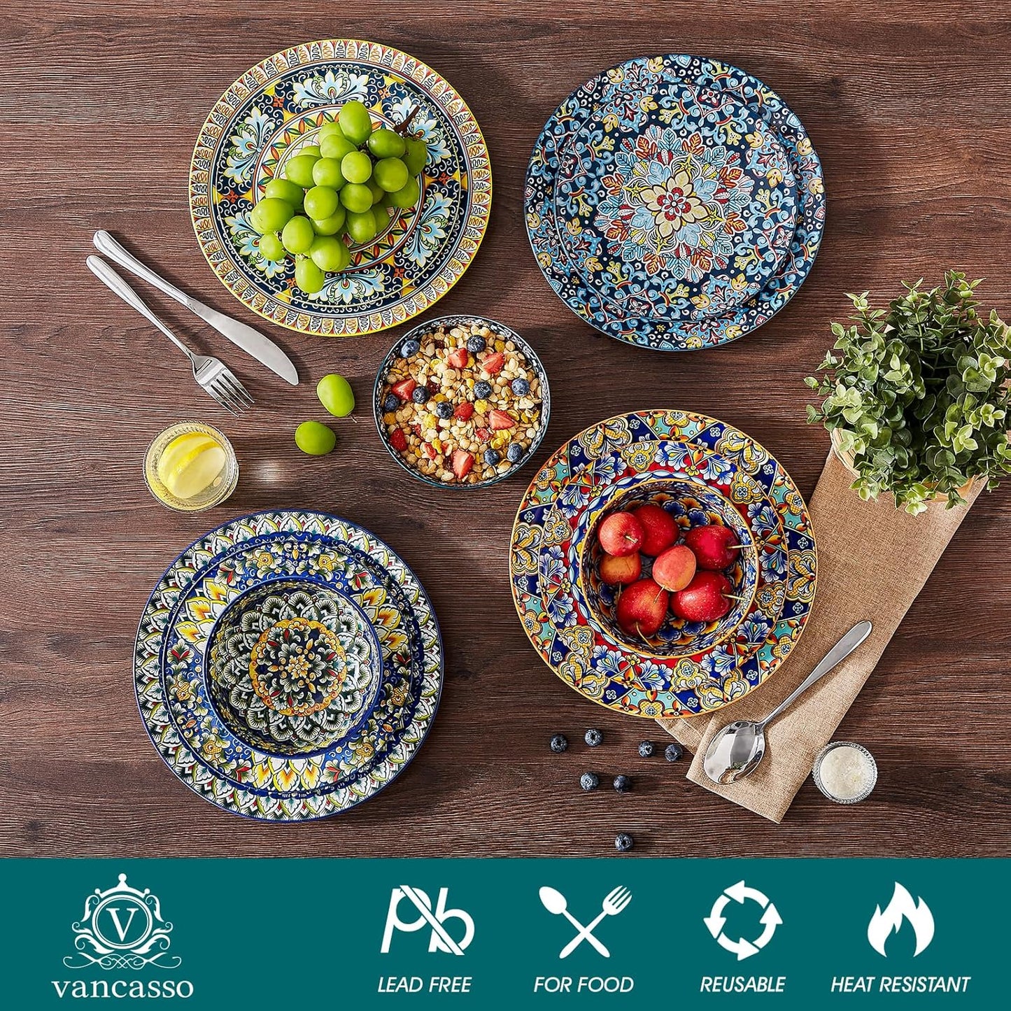 vancasso 18 Pieces Dinnerware Sets, Plates and Bowls Set, Porcelain Dishes Set for 6, Microwave and Dishwasher Safe, Scratch Resistant, Bohemian Style Dining Ware Service for 6, Series SIMI