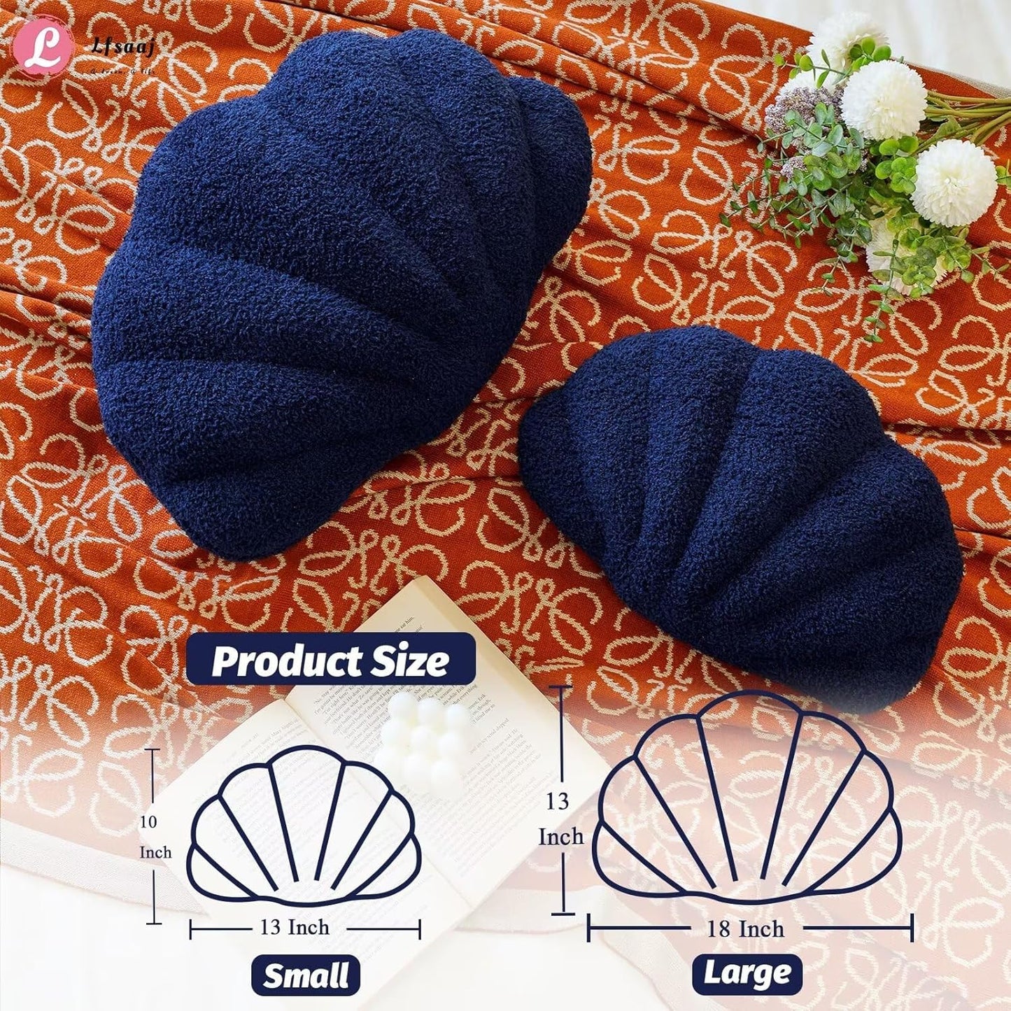 Navy Seashell Throw Pillows, Shell Shaped Throw Pillows, 13 Inch Soft Home Decorative Pillow Plush Cushion for Bed Couch Living Sofa Room Decor Accent Throw Pillow