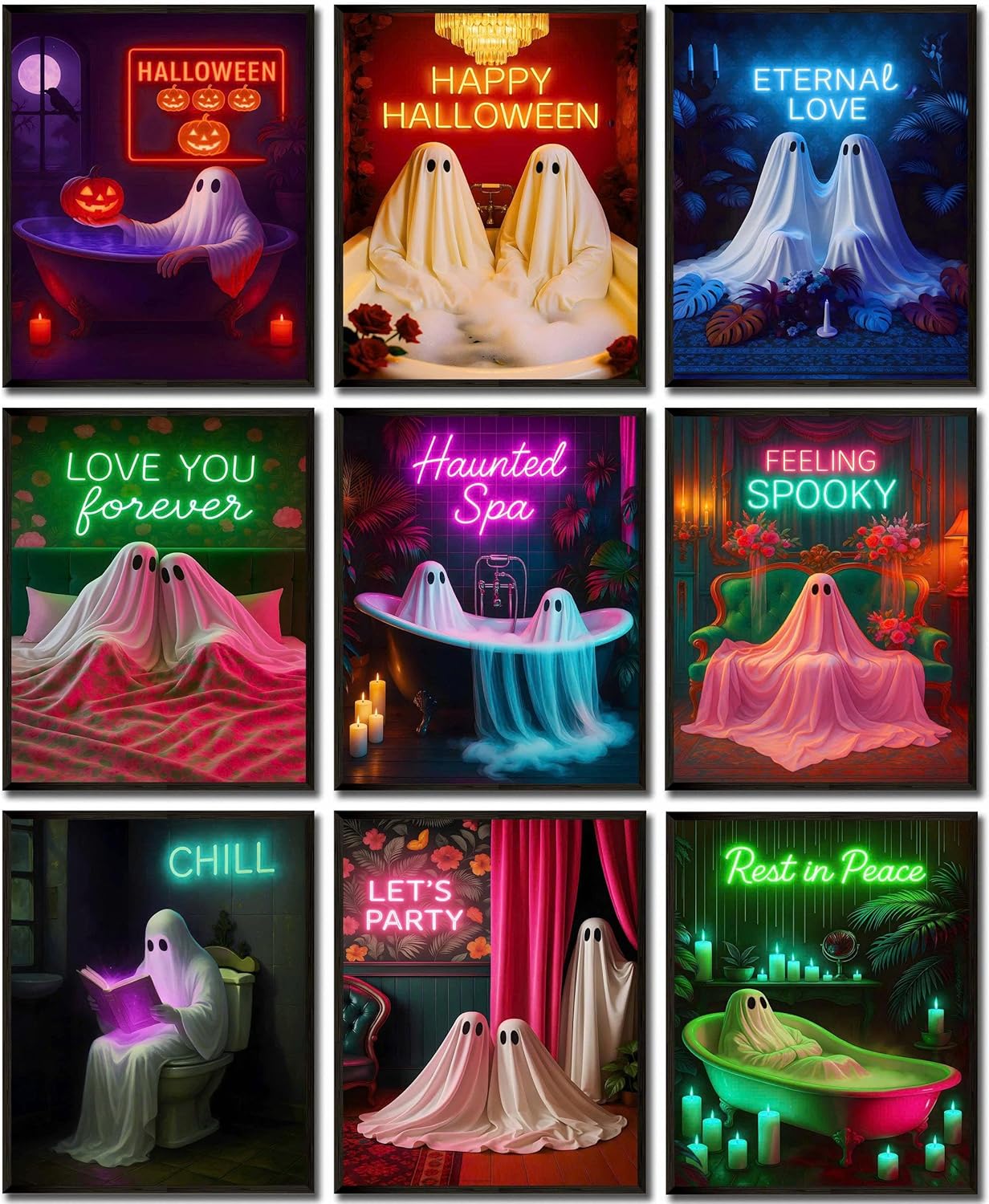 LANCHI95 Halloween Ghosts Wall Art Halloween Wall Art Gothic Romantic Couple Cute Ghost Wall Decor Pictures Horror Wall Decor for Living Room Bedroom, Set 9pcs - 8x10 in (UNFRAMED)