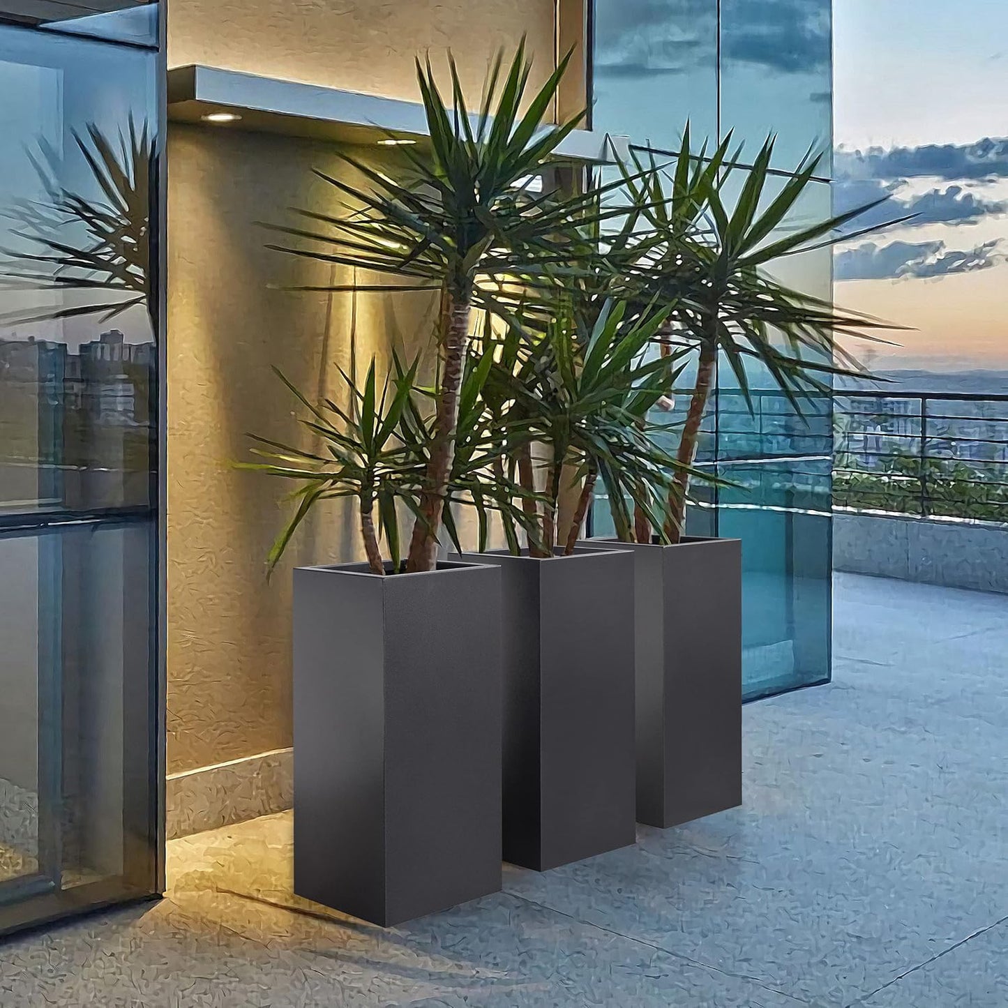 Metallic Heavy Tall Outdoor/Indoor Planter Box, Rectangular, 14Lx14Wx30H Inches, ‎25LBS/PC, Dark Gray, No Assembly Required and Seamless, Set of 2