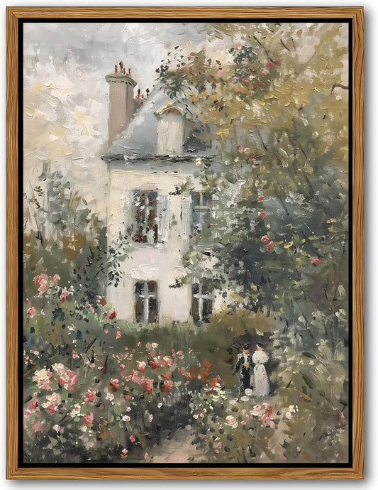 Floating Framed Canvas Vintage Wall Art, Neutral English Cottage Rose Garden Oil Paintings Print, Spring Pictures Wall Decor for Living Room Hallway Bedroom Office Rustic Decor 12x16 inch