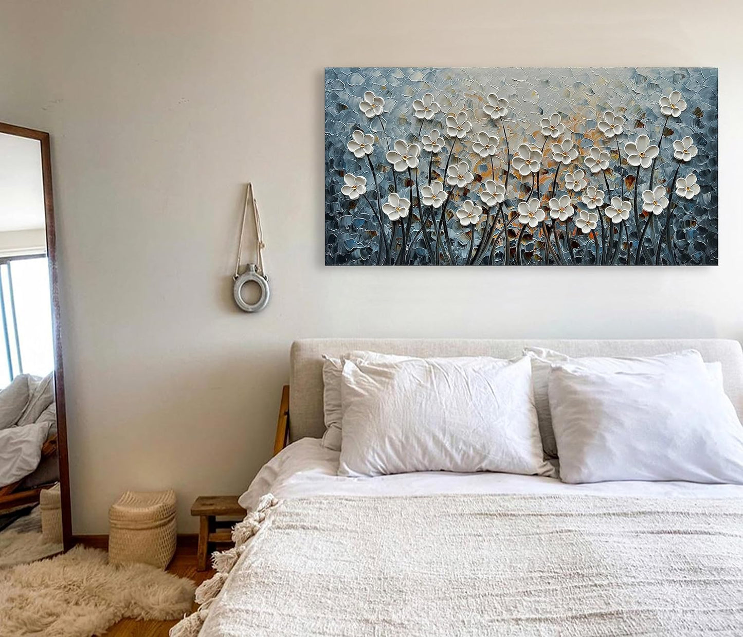 White Flower Canvas Wall Art Painting Hand-Painted Contemporary Art Works Living Room, Bedroom, Dining Room Wall Decoration 24x48 Inch