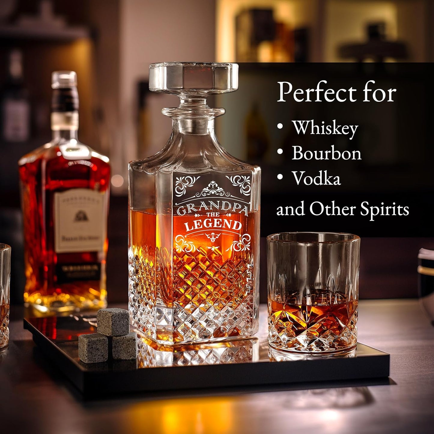 Luxury Gift For Men - Grandpa The Legend - Unique Engraved Whiskey Decanter Set For Beloved Grand Father or Dad Christmas, Birthday Gift – 4 Whiskey Glasses And Decanter Set for Whisky, Bourbon Ets.