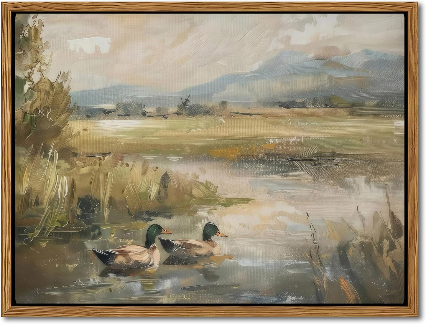Floating Framed Canvas Wall Art, Vintage Mallard Duck Oil Paintings Print, Countryside Art Wildlife Nature Pond Wall Decor for Living Room, Bedroom, Office, Rustic Decor 12x16 inch