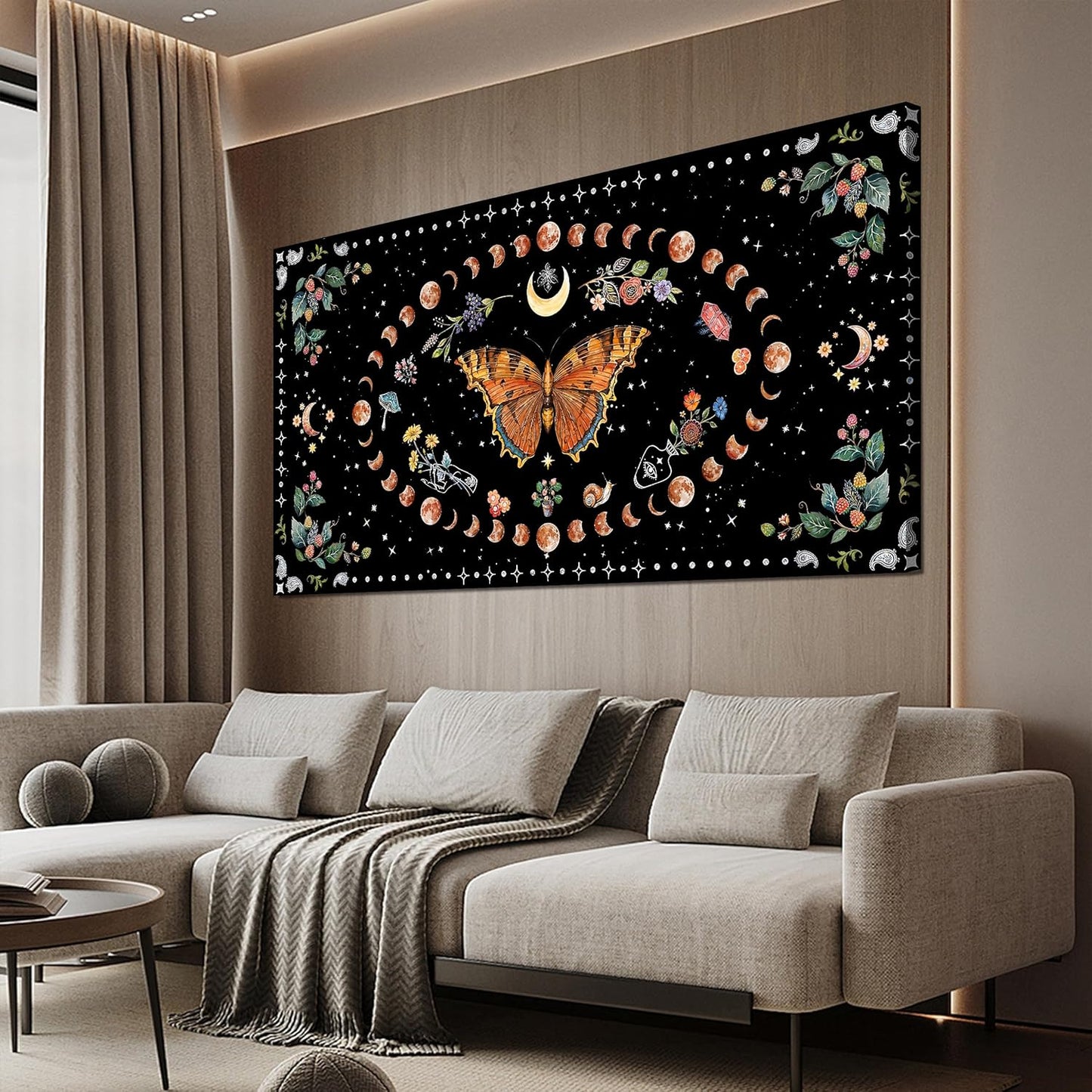 Large Canvas Wall Art Boho Wall art Decor Canvas Art Wall Decor Pictures for Living Room Vintage Butterfly Wall Art Decorations Large Artwork for Walls Moon Flower Home Office Wall Decor 29"X58"