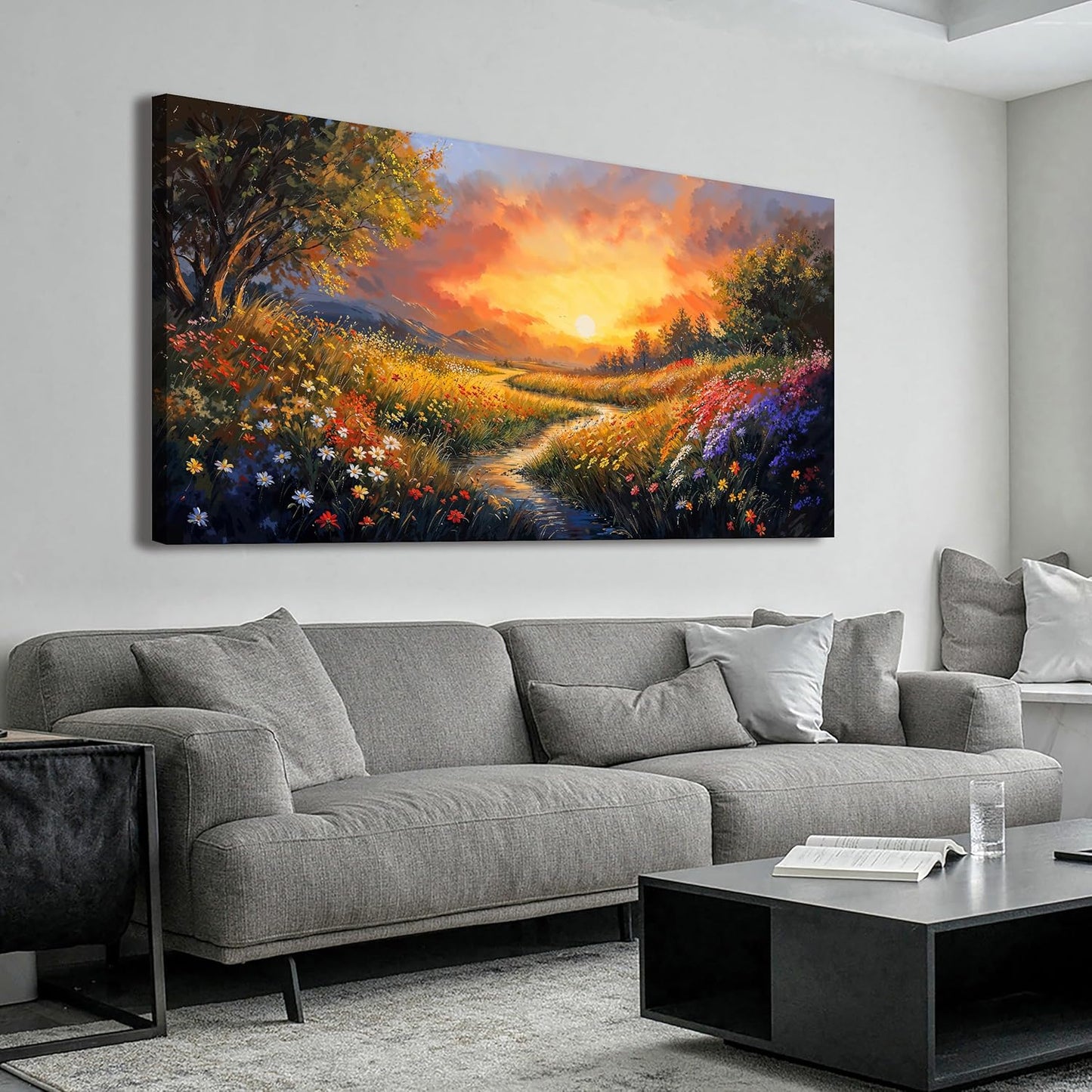 Canvas Wall Art Decor Oversized Wall Art Pictures for Living Room Large Vintage Landscape Wall Art Prints Canvas Art Wall Decor Wildflower River Artwork for Walls Bedroom Home Wall Art Decor 29" X 58"