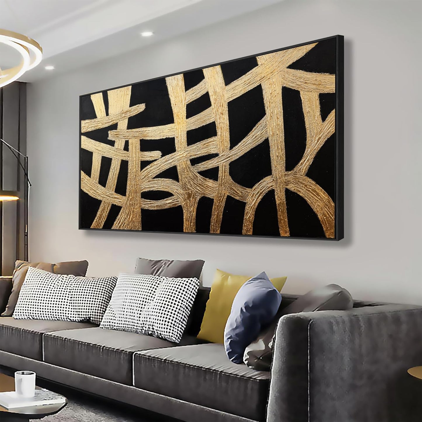 Abstract Wall Art Small Size Black And Gold Lines Texture Artwork Framed Home Decoration Artwork Decor Modern Minimalist Canvas Painting Living Room Decor For Bedroom Office Wall Decor 20"X40"